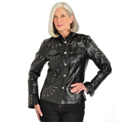 Pamela McCoy Stud Detail Mandarin Collar Leather Jacket. BLACK, 1X