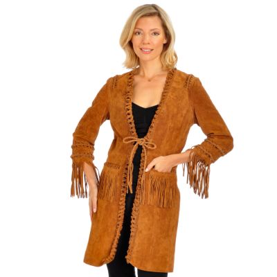 A18036 - Pamela McCoy Braid & Fringe Detail Suede Duster Jacket
