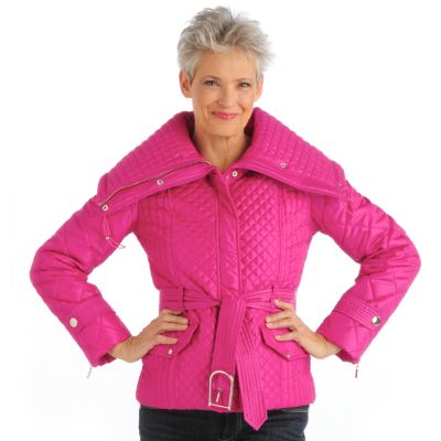 Pamela McCoy Wide Collar Belted Short Quilted Coat