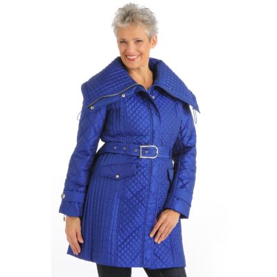 A18046 - Pamela McCoy Wide Collar Belted 3/4 Length Quilted Coat