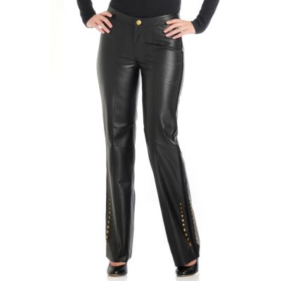 A18047 - Pamela McCoy Stud Detail Stretch Side Panels Leather Straight Leg Pants