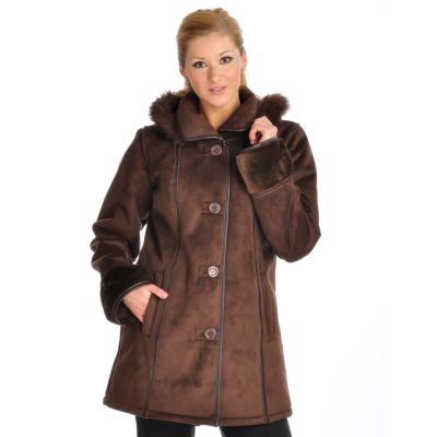 A18108 - Excelled Removable Hood Shirt Collar Faux Shearling Coat