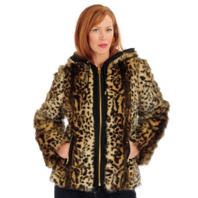 Pamela McCoy Hooded Contrast Trim Leopard Print Fur Replica Short Coat ShopNBC.com