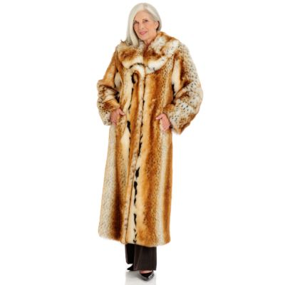 A18157 - Pamela McCoy Shawl Collar Natural Lynx Fur Replica Full Length Coat