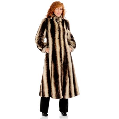 A18165 - Pamela McCoy Rouched Stand Collar Full Length Fur Replica Coat