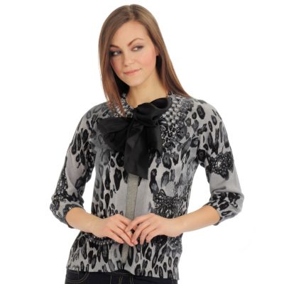 Colour Works Removable Bow Tie Front Animal Print Cardigan Sweater. GREY, 3X