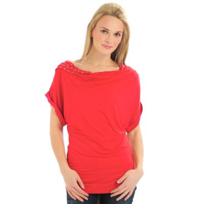 A18505 - Kim Parrish Collection Drape Front Studded Shoulder Short Sleeve Top