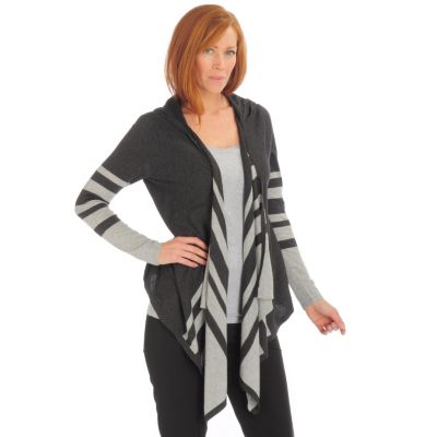 Suzanne Somers Cascade Front Hooded Shrug. CHARCOAL / GREY STRIPE, XL