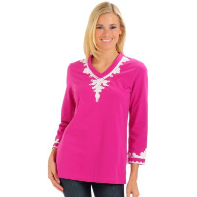 A18648 - Encore by Daniel Kiviat Embroidered Jersey V-Neck Top