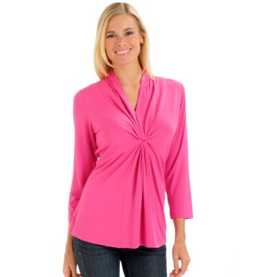 A18653 - Encore by Daniel Kiviat Gathered Front 3/4 Sleeve Caress Knit Top