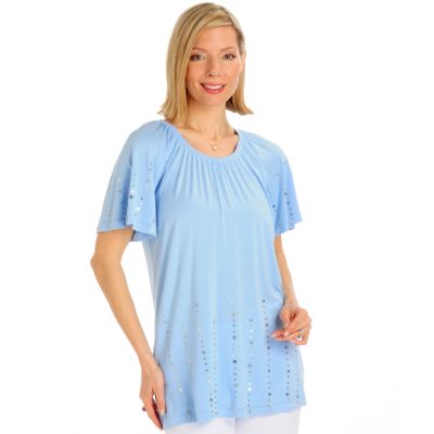 A18670 - Encore by Daniel Kiviat Paillette Accented Elastic Neck Caress Knit Top
