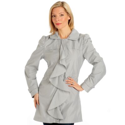 A18687 - Judy Crowell Drawstring Waist Ruffle Detail Water Resistant Coat 