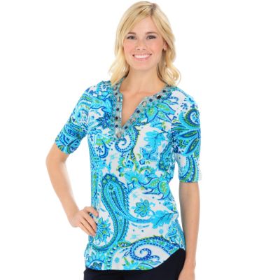 A18842 - Adrienne Vittadini Beaded Split Neckline Printed Silk-Blend Tunic