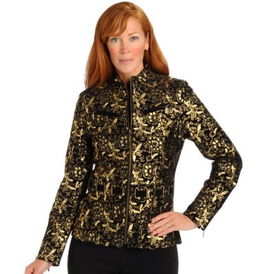 A18875 - Pamela McCoy Belt Detail Floral Print Suede Jacket