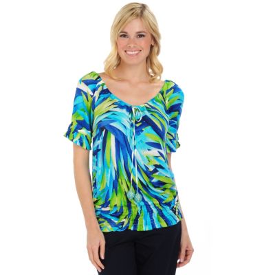A18942 - Adrienne Vittadini Smocked Waist Tied Boat Neck Tropical Swirl Blouson