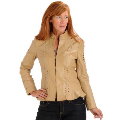 A18952 - Pamela McCoy Laser Cut Flounce Detail Leather Jacket 
