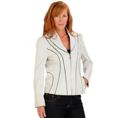 A18957 - Pamela McCoy Contrast Piping Notch Collar Leather Jacket 