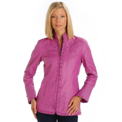 A18960 - Pamela McCoy Ruffle Trim Bell Sleeve Leather Jacket 