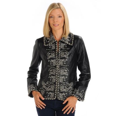 A18961 - Pamela McCoy Wing Collar Chain Embellished Leather Jacket 