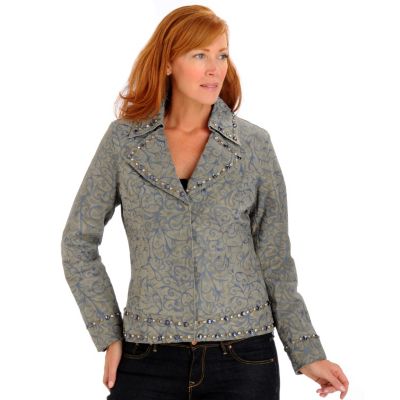 A18968 - Pamela McCoy Notch Collar Rhinestone Embellished Suede Jacket 