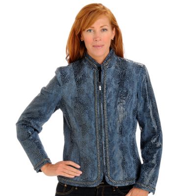 A18970 - Pamela McCoy Mandarin Collar Leather Braid & Chain Detail Suede Jacket