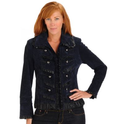 A18971 - Pamela McCoy Leather Mitered Ruffle Detail Kissing Front Suede Jacket 