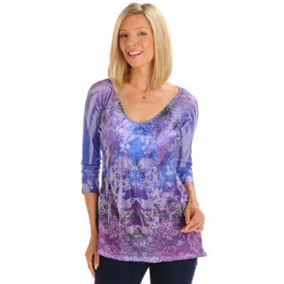 A19051 - One World 3/4 Sleeve Satin Quilted Yoke Grecian Shirt 