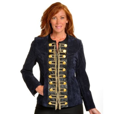 Pamela McCoy Leather Trim, Button & Chain Detail Suede Military Jacket