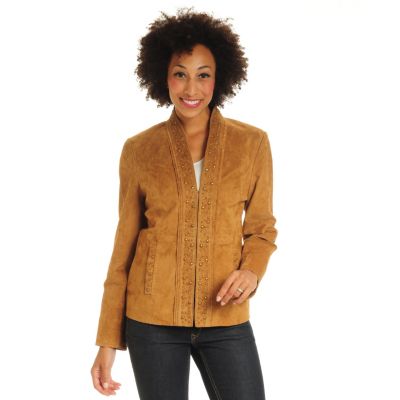 Pamela McCoy Mandarin Collar Antique Brass Studded Washable Suede Jacket