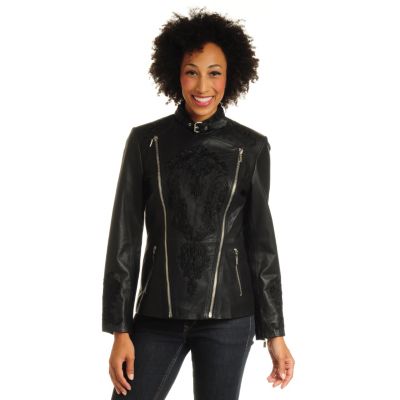Pamela McCoy Embroidered & Zippered Stand Collar Leather City Jacket