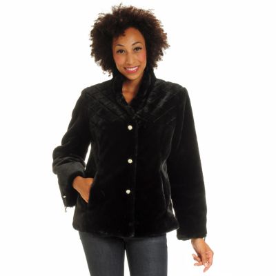 Pamela McCoy Quilted Yoke Rhinestone Buttoned Beaver Faux Fur Jacket