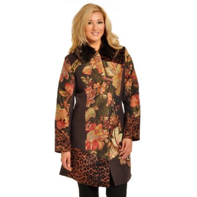 Celestial Blue Button Front Mid-Length Floral Animal Print & Sequin Detail Woven Coat