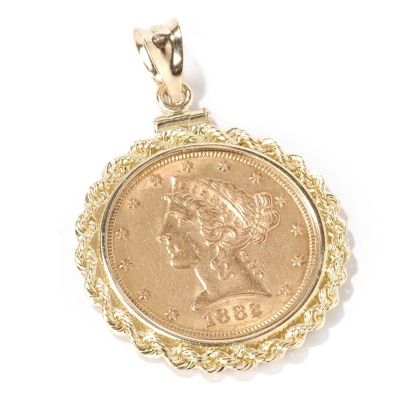 14K Gold $5 Liberty Coin Rope Bezel Pendant