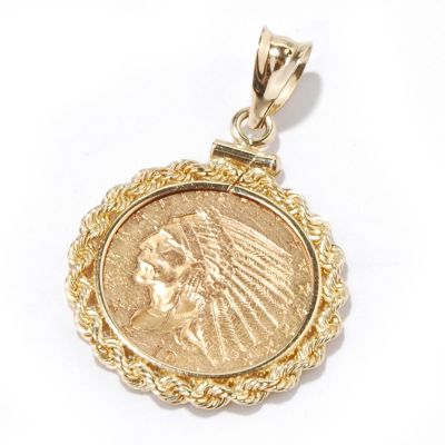 14K Gold $2.50 Quarter Eagle Indian Head Rope Pendant