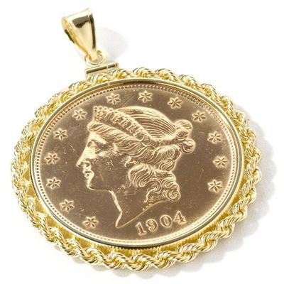 14K Gold $20 .900 Fine Gold Liberty Coin Rope Pendant