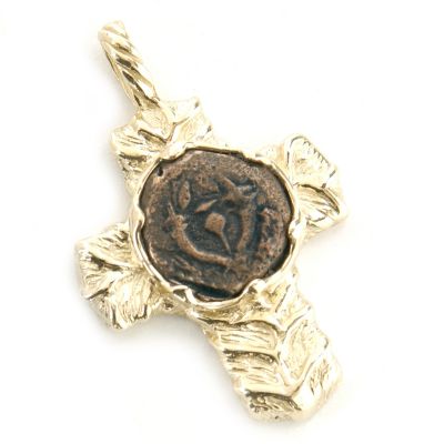 14K Gold Ancient Bronze Widow's Mite Coin Vine Cross Pendant
