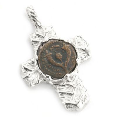 Ancient Widow's Mite Coin Silver Vine Cross Pendant