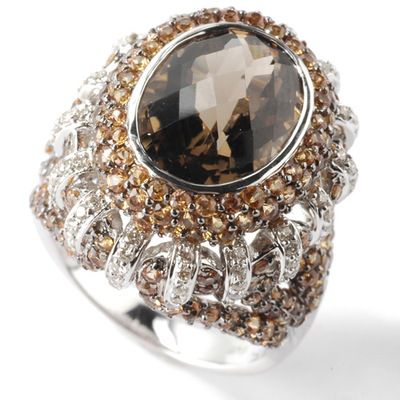 14K WG Smoky Quartz, Orange Sapphire & Diamond Ring