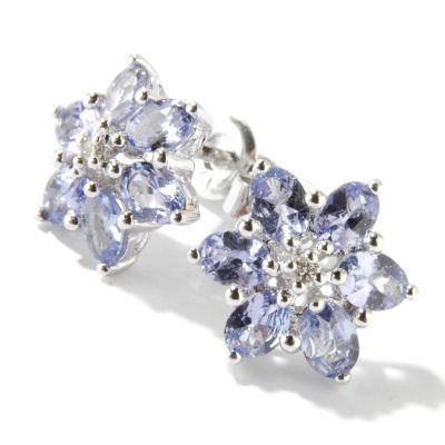 14K WG or YG Gemstone Choice & Diamond Flower Stud Earrings