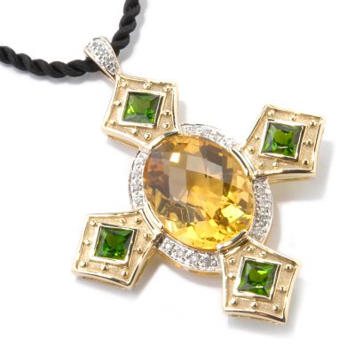 14K Gold Honey Quartz, Chrome Diopside & Diamond Pendant w/ Cord