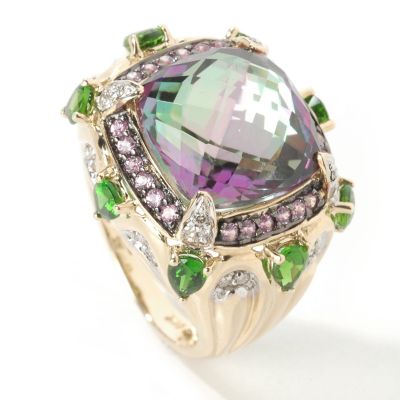 14K Gold Mystic Topaz, Pink Sapphire, Chrome Diopside & Diamond Ring