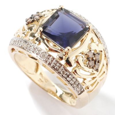 14K Gold Iolite & Brown / White Diamond Ring