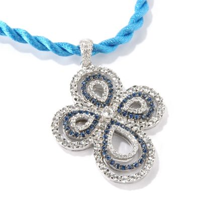 14K White Gold Blue / White Sapphire & Diamond Cross Pendant w/ Cord