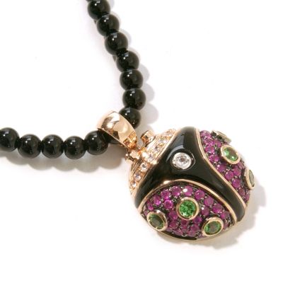 14K Rose Gold Multi-Gemstone, Diamond & Onyx Lady Bug Pendant w/ Bead Neck
