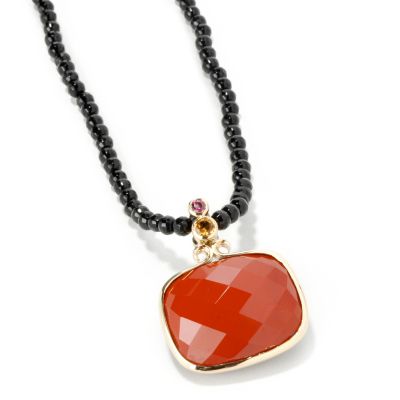 14K Gold Red Jasper & Onyx & Multi-Gemstone Reversible Pendant w/Necklace