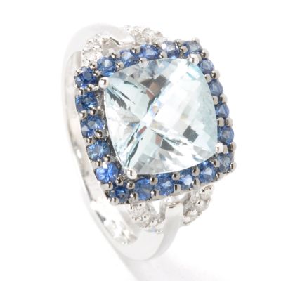 14K White Gold Aquamarine, Sapphire & Diamond Ring