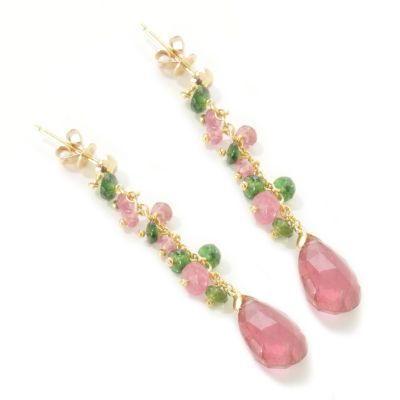 14K Gold Pink / Green Tourmaline & Diamond Dangle Earrings
