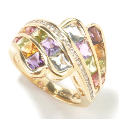 14K Gold Multi-Gemstone & Diamond Bypass Ring