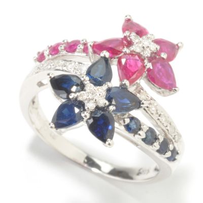 14K White Gold Ruby & Sapphire Flower Bypass Ring