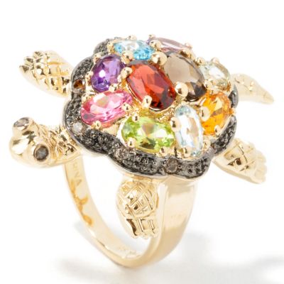14K Multi-Gemstone & Cocoa Diamond Turtle Ring